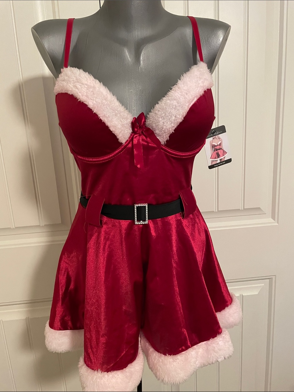 Holiday Red Velvet Chemise with Faux Fur Trim and Decorative Belt, costume